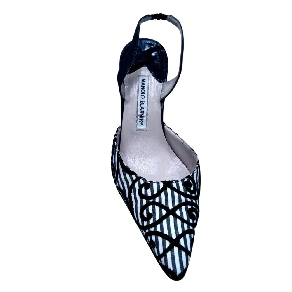 MANOLO BLAHNIK CAROLYNE SLING BACK BLACK & WHITE STRIPES W BLACK VELVET SWIRLS